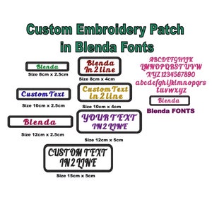 May include: Five different sizes of embroidered patches with the text "Blenda" in a variety of colours and fonts. The patches are rectangular and have a black border. The text "Blenda Fonts" is also included in the image.