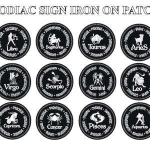 Puede incluir: Doce parches termoadhesivos en blanco y negro que representan los signos del zodíaco. Cada parche tiene el nombre del signo y una lista de rasgos de personalidad.