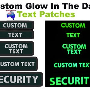 May include: Five black patches with white text that glow in the dark. The patches read "CUSTOM TEXT" and "SECURITY".