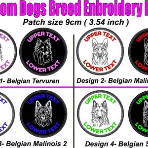 May include: Embroidered patches with dog breed designs. Each patch is round, 9cm in diameter (approximately 3.54 inches), featuring a dog illustration and text. Designs include Belgian Tervuren, Malinois, and Sheepdog.