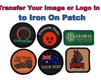 Può includere: Sei toppe termoadesive personalizzate con vari design: un cavaliere Circular Logic, una faccia arrabbiata con Custom Text, un logo verde Global Services, una moto Hot Rides arancione, una bandiera australiana con Your Text e un logo Anubis gaming.
