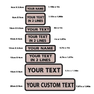 May include: A set of eight iron-on patches with different sizes and text options. The patches are beige with black text and a black border. The text on the patches includes "YOUR NAME", "YOUR TEXT IN 2 LINES", and "YOUR CUSTOM TEXT". The patches are available in sizes ranging from 8 cm by 2.5 cm to 20 cm by 5 cm.