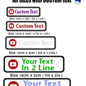 May include: Embroidered YouTube patches in various sizes, featuring a red play button and space for custom text. Sizes range from 10cm x 3cm to 20cm x 5cm. The patches are made in Australia.