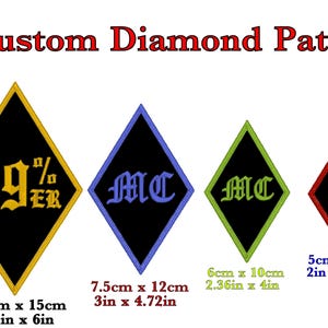 May include: Custom diamond patches with embroidered text and borders. The patches vary in size, with the largest measuring 9.5cm x 15cm. Text includes "99% ER", "MC", and "1%", in various colours. Made in Australia.