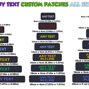May include: A range of custom patches in different sizes, colours, and text styles. The patches are available in sizes from 8cm x 2.5cm to 20cm x 5cm. The text on the patches reads "ANY TEXT" and "ANY TEXT IN 2 LINE".