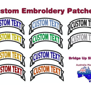 May include: Eight custom embroidery patches in different colours, including blue, green, yellow, orange, and red. Each patch features a black outline and the text "CUSTOM TEXT" in a white font. The patches are arranged in two rows of four. The text "Bridge Up Shape" and "Australia Made" are also visible, along with a small image of the Australian flag.