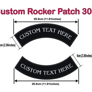 May include: Two black rocker patches with white text that reads "CUSTOM TEXT HERE". The patches are 11.81 inches wide and 2.36 inches tall.