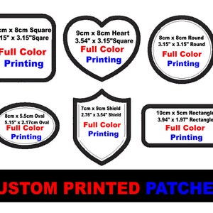 May include: Six different shapes of custom printed patches, including a square, heart, round, oval, shield, and rectangle. Each patch is white with black outlines and the text "Full Color Printing" in red and blue.