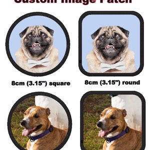 May include: Four custom image patches featuring different dog breeds. The patches are 8cm (3.15 inches) square or round. The patches are black with a white border.