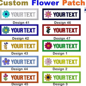 May include: A collection of eight rectangular embroidered patches featuring various flower icons and the placeholder text YOUR TEXT. Each patch has a distinct coloured border and matching thread for the text, labelled from Design 41 to Design 3.