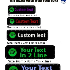 May include: Custom Spotify embroidered patches in various sizes, featuring the Spotify logo and space for custom text. Sizes range from 10cm x 3cm to 20cm x 5cm. Made in Australia.