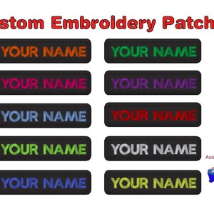 May include: Custom embroidered patches in various colours, including orange, green, pink, purple, blue, red, silver, and yellow. Each patch features the text "YOUR NAME" on a black background. Australia Made.