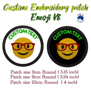May include: Two round embroidered patches with black borders. The left patch has a white background with a yellow smiley face wearing red glasses and the text "CUSTOMTEXT" in green. The right patch has a black background with a yellow smiley face wearing red glasses and the text "CUSTOMTEXT" in green. The text "Patch size 8cm Round (3.15 inch)" is below the patches.