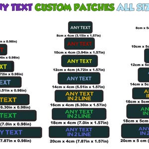 May include: A selection of black iron-on patches with white, red, yellow, green, and blue text. The patches are available in various sizes, ranging from 3.15 inches by 0.98 inches to 7.87 inches by 1.97 inches. The text on the patches reads "ANY TEXT" or "ANY TEXT IN 2 LINE".