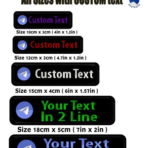 May include: Black embroidered patches with custom text, featuring a Telegram logo. Sizes range from 10cm x 3cm to 20cm x 5cm. Text colours include purple, red, and white. The patches are made in Australia.