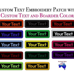 May include: A set of 10 embroidered patches with the text "Your Text" in various colours. The patches have a black border and are available in red, blue, light blue, dark red, green, yellow, pink, purple, and black.