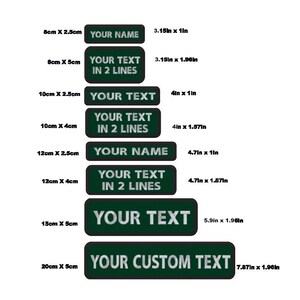May include: A set of ten iron-on patches in various sizes, with a dark green background and white text. The patches feature different text options, including "Your Name", "Your Text in 2 Lines", and "Your Custom Text". The patches are shown with their corresponding measurements in both centimetres and inches.