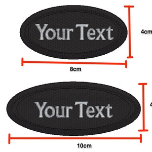 May include: Two black oval-shaped fabric patches with white embroidered text that reads "Your Text". The top patch is 8 cm wide and 4 cm tall. The bottom patch is 10 cm wide and 4 cm tall.