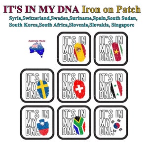 May include: Nine iron-on patches featuring the text "It's in my DNA" and a fingerprint design incorporating a different country's flag in each. The flags are Spain, Vietnam, Sweden, Switzerland, Syria, Slovenia, South Africa, South Korea, and Australia.