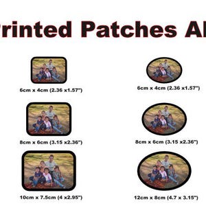 May include: A selection of custom printed patches in various shapes and sizes. The patches include round, oval, rectangular, and decagon shapes, with sizes ranging from 6cm to 10cm. Each patch features a family portrait.
