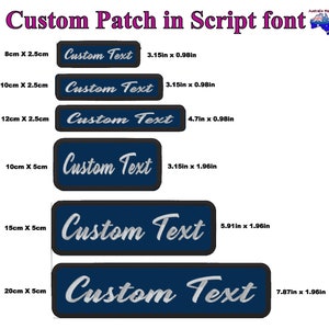 May include: Six different sizes of navy blue and white custom embroidered patches with the text "Custom Text" in a script font. The patches are available in sizes ranging from 3.15 inches by 0.98 inches to 7.87 inches by 1.96 inches.