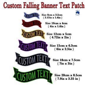 May include: A selection of custom falling banner text patches in a range of colours: blue, red, yellow, purple, black, and green. Each patch displays the text "CUSTOM TEXT" and is available in various sizes, from 8cm to 20cm wide.