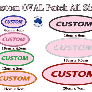 Puede incluir: Imagen de varios parches ovalados personalizados con la palabra "CUSTOM" bordada. Los tamaños varían de 8 cm x 4 cm a 20 cm x 7 cm. Los parches son de diferentes colores, incluyendo azul, rosa, verde y naranja, con medidas en cm.