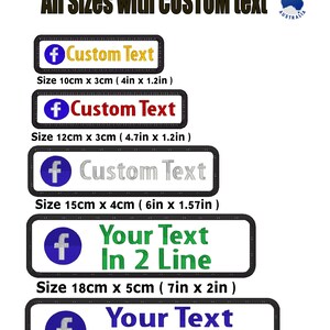 Peut inclure: Écussons brodés personnalisés Facebook de différentes tailles. Les écussons présentent le logo Facebook et un espace pour un texte personnalisé. Tailles de 10cm x 3cm à 20cm x 5cm. Fabriqué en Australie.