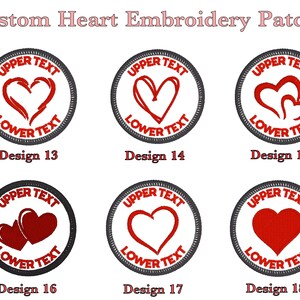 May include: Custom heart embroidery patches in various designs. Each patch features a red heart design within a circular frame with the text "UPPER TEXT" and "LOWER TEXT". Designs include single, double, and solid heart shapes. Made in Australia.