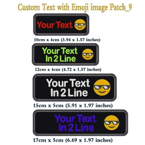 May include: Four black rectangular patches with white borders and a yellow emoji with sunglasses. The patches have different sizes and the text "Your Text" and "In 2 Line" in different colors. The patches are 10cm x 4cm (3.94 x 1.57 inches), 12cm x 4cm (4.72 x 1.57 inches), 15cm x 5cm (5.91 x 1.97 inches), and 17cm x 5cm (6.69 x 1.97 inches).