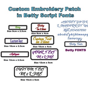 May include: A set of five white embroidered patches with black outlines. The patches feature different text in a cursive font, including "Betty", "Custom Text", "Antique", "Your Text", and "Custom Text". The patches are available in different sizes, ranging from 8 cm x 2.5 cm to 15 cm x 5 cm. The text on the patches is in different colours, including purple, gold, and red. The patches are perfect for adding a personal touch to clothing, bags, or other items.