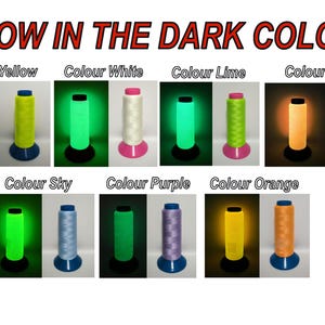May include: A collection of glow-in-the-dark embroidery floss spools in various colours, including yellow, white, lime, red, sky, purple, and orange. The spools are arranged in rows on a white background.
