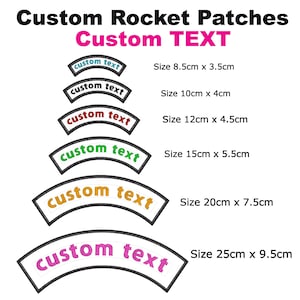 May include: Six embroidered iron-on patches in various colours with the text "custom text" in an arched shape. The patches are arranged in a vertical stack from smallest to largest. The sizes of the patches are listed in centimetres.