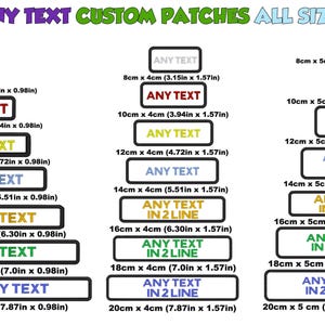 May include: A set of customisable iron-on patches in various sizes. The patches are rectangular and feature the text "ANY TEXT" in different colours and fonts. The patches are available in sizes ranging from 8cm x 2.5cm to 20cm x 5cm.
