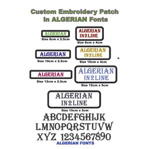 May include: Custom embroidery patch designs in various sizes featuring the text "Algerian" in different fonts. The designs include the text "Algerian" in a single line and in two lines. The alphabet and numbers are also shown in the Algerian font.