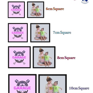 May include: Four pink and white iron-on patches with a black and white logo that says "Garage Car Service" in a circle with crossed wrenches. The patches are shown in four different sizes: 6 cm, 7 cm, 8 cm, and 10 cm.  The patches are shown next to images of a mother and daughter wearing matching shirts.