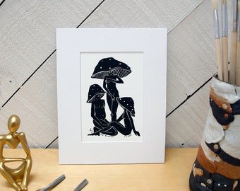The Amanitas   I   Original Linocut Print   I   Mushroom Art