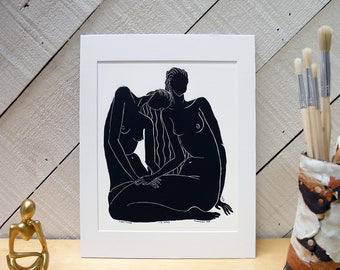Sisterhood   I   Original Linocut Print   I   Sister Art