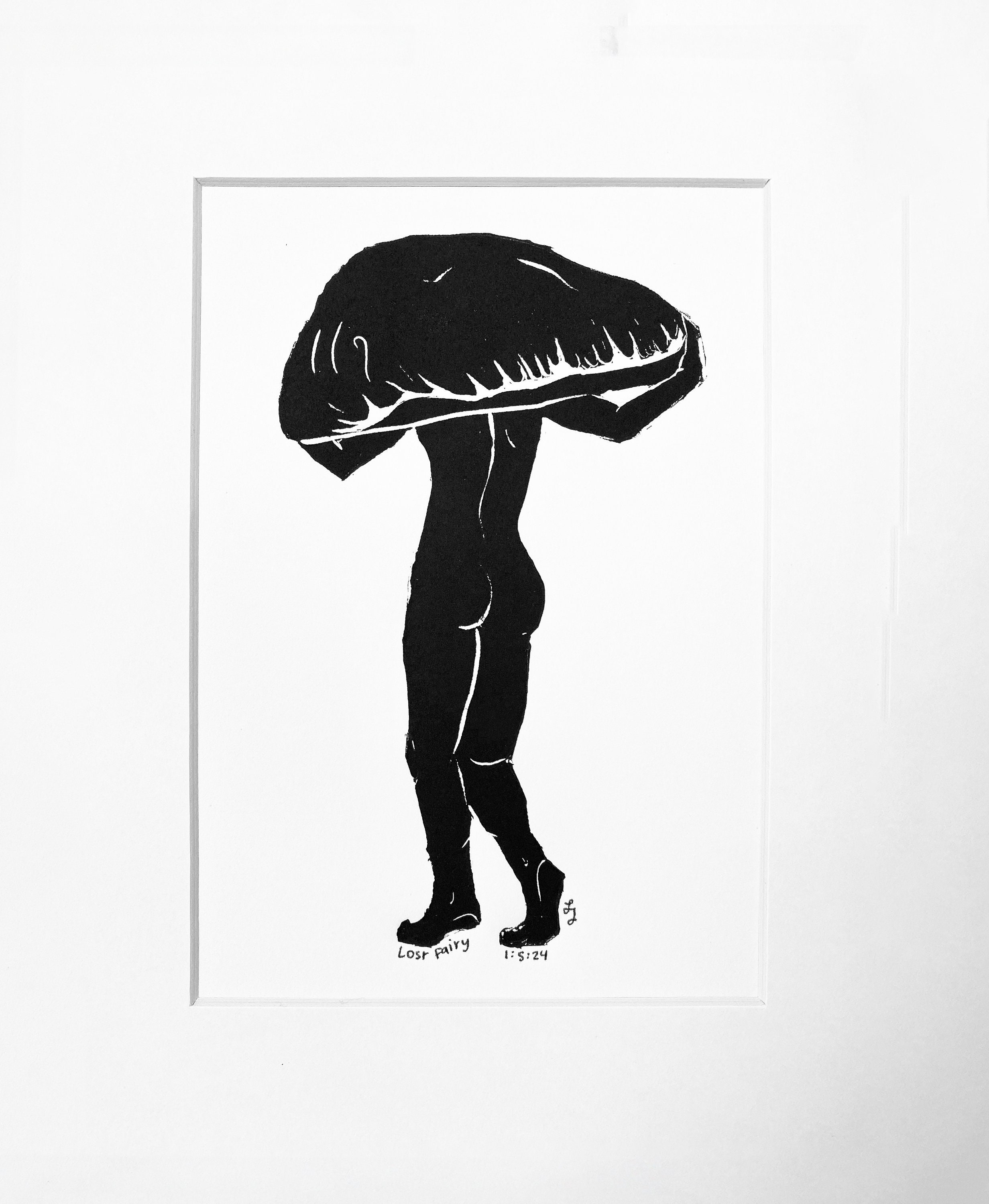 Lost Fairy   I   Original Linocut Print   I   Mushroom Art