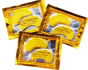 May include: Three gold foil packets containing individual eye masks. Each packet has the text "Crystal Collagen Gold Powder Eye Mask" and "Specialty Eyeshield Angell".