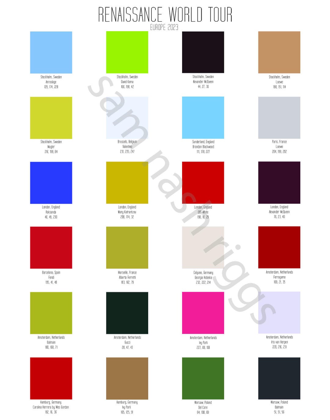 Beyonce Renaissance World Tour Color Palette - Etsy