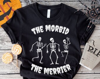 Camiseta de cuello redondo con esqueleto espeluznante, humor negro y morboso para Halloween para mamás y niños