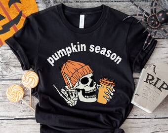 Bonita y divertida camiseta de cuello redondo con diseño de calabaza y especias de otoño para Halloween, regalo de temporada para mujeres y amigas