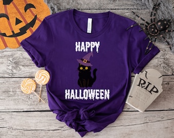 Camiseta de Halloween con cuello redondo, mística, negra, linda, espeluznante, retro, para amantes de los gatos, fantasmas y brujas, para niños y brujas.