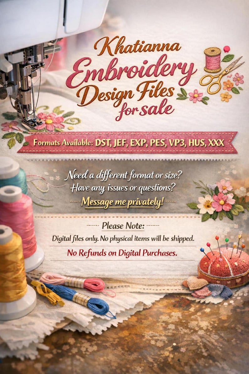 May include: A digital advertisement for Khatianna Embroidery Design Files featuring sewing machine parts, colourful thread spools, scissors, and a pin cushion. Text includes file formats DST, JEF, EXP, PES, VP3, HUS, XXX and notes regarding digital delivery.