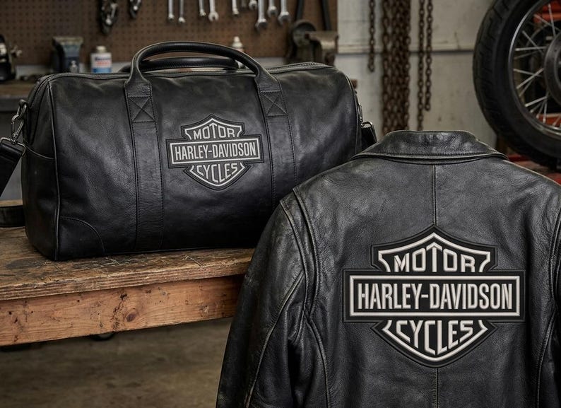 Harley style motorcycle embroidery design for leather jackets and biker apparel.