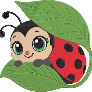 May include: A cute cartoon ladybug with a red shell and black spots, peeking out from behind two green leaves. The ladybug has a tan face, big green eyes, and a smiling expression. The image is a digital illustration.