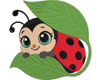 Ladybug Embroidery Design: Baby Bug with green Leaf (5 Sizes, Instant Download)