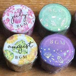BGM Washi Tape 20 mm | Various Style Masking | 5 m length | Duck PET/Clear | Months, Green Leaf, Pink Heart, Purple Jewels, Blue Space Washi