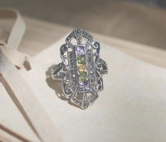 Stylish Multicolor Stone Accent Silver Ring - image 1